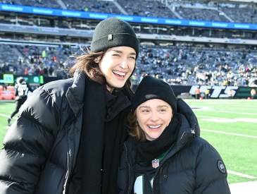 EAST RUTHERFORD, NEW JERSEY - DECEMBER 01: (L-R) Kate Harrison and Chloë Grace Moretz are seen at a game between the New York Jets and Seattle Seattle Seahawks at MetLife Stadium on December 01, 2024 in East Rutherford, New Jersey.