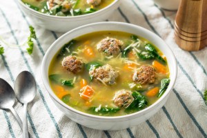 Homemade Italian Wedding Soup with Spinach and Meatballs