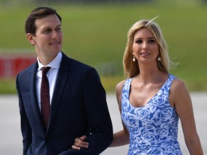 The daughter of US President Donald Trump Ivanka Trump (R) and her husband White House senior advisor Jared Kushner make their wave from Air Force One to Marina One upon arrival at the airport in Hamburg, northern Germany on July 6, 2017. Leaders of the world's top economies will gather from July 7 to 8, 2017 in Germany for likely the stormiest G20 summit in years, with disagreements ranging from wars to climate change and global trade. 