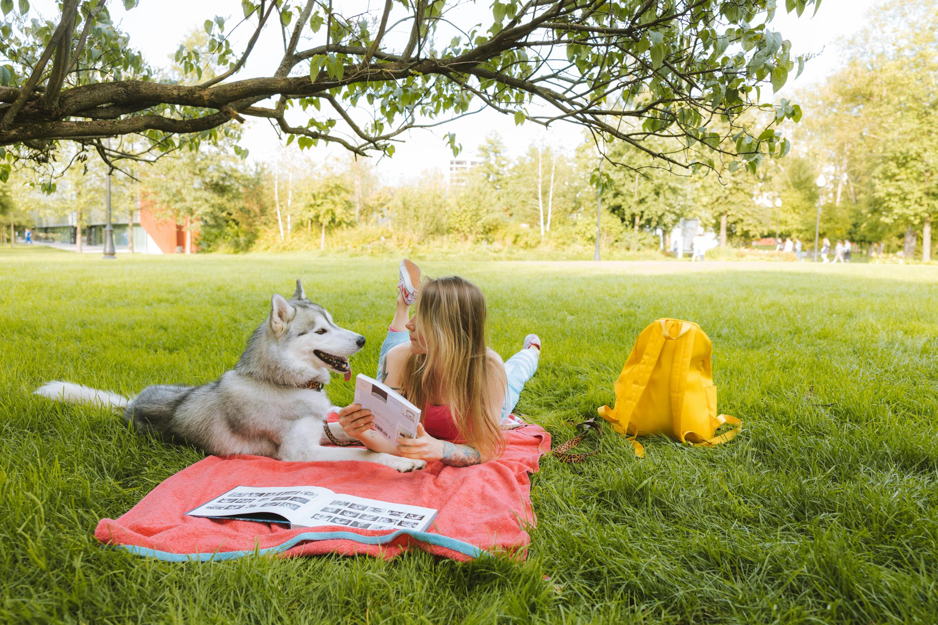 Female student, dog, college campus