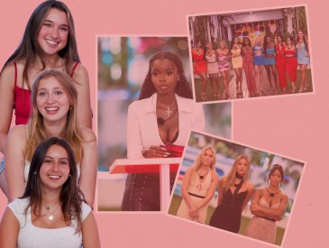 Three teen girls set against a backdrop of photos from 'Love Island USA'