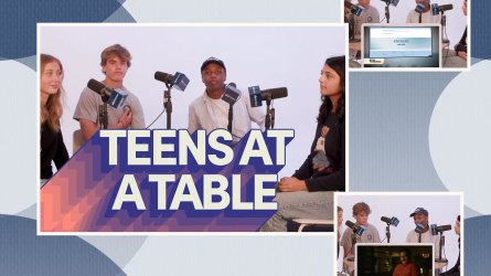 Four teens sitting at a podcast table, set against a colorful blue background.