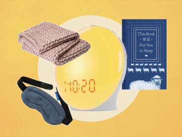 Sleep gifts including a weighted blanket, sunrise alarm clock, book of soothing stories, and weighted eye mask.