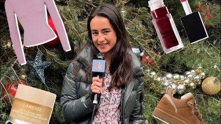 SheKnows's Gen Z reporter in front of a Christmas trees with product prohots inset.
