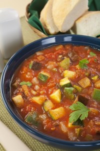 A juicy soup, made from tomatoes, courgettes, capsicums, aubergines, onions and garlic. It's basically ratatouille, with lots of liquid. A wonderful vegetarian lunch with bread.