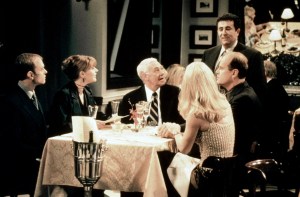 FRASIER, from left: David Hyde Pierce, Jane Leeves, John Mahoney, Saul Rubinek (rear), Kelsey Grammer, Teri Polo (back to camera), 'Legal Tender Love and Care,' (season 8, episode 6, aired November 28, 2000), 1993-2004, © NBC/courtesy Everett Collection