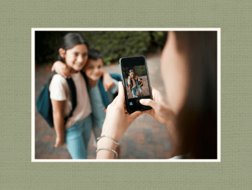mom photographing her kids before school
